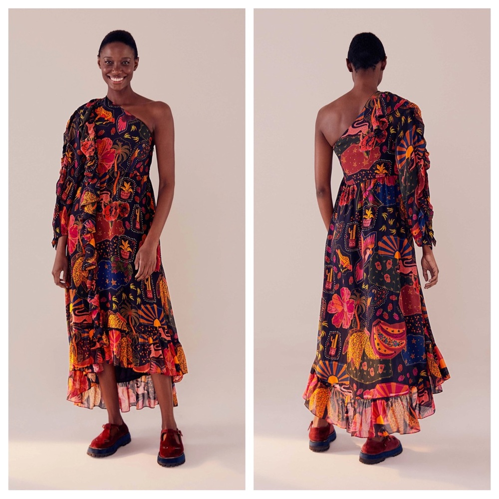 Farm Rio Crazy Mix One-Shoulder Midi Dress Size Large